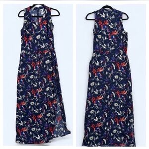 Halogen Navy Floral‎ Maxi Dress Pockets Sz S Boho Summer Vacation Wedding Guest